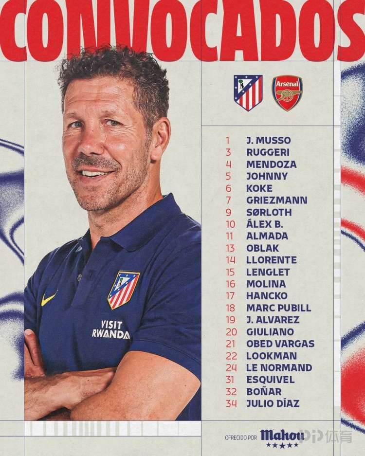 马竞对阵阿森纳首回合名单：格列兹曼、小蜘蛛领衔，冈萨雷斯缺席